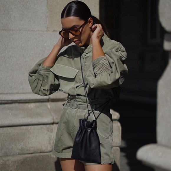 ZARA Women's Green Snap Button Puff Sleeve Denim Shacket Oversized Shirt - Picture 2 of 15